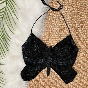 Y2K 579 Black Beaded Sequin Butterfly Halter Top